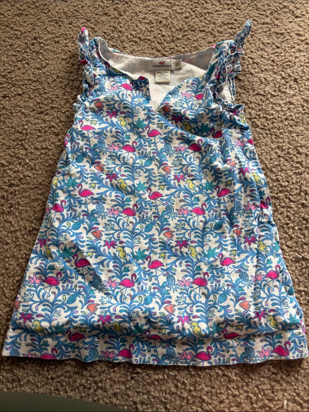 B10 Vineyard Vines 2021 3t Blue, Pink & Yellow Flamingo Print Shift Dress